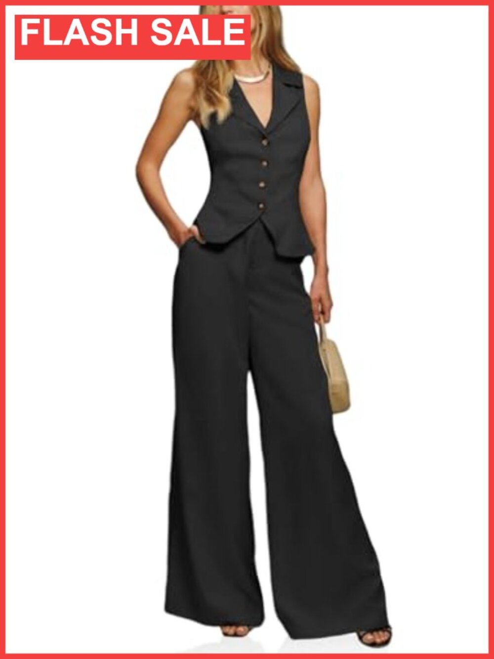 Sleeveless V Neck Button Crop Vest and Wide Leg Pants Set
